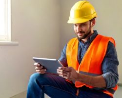 Firefly A craftsman in construction gear (helmet, boots, vest) looking proudly at his tablet showing