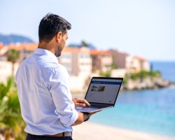 Un agent immobilier consulte un site web immobilier sur son ordinateur portable, en terrasse, avec vue sur la mer et des immeubles typiques du sud de la France en arrière-plan. Soleil, palmiers et ambiance professionnelle.